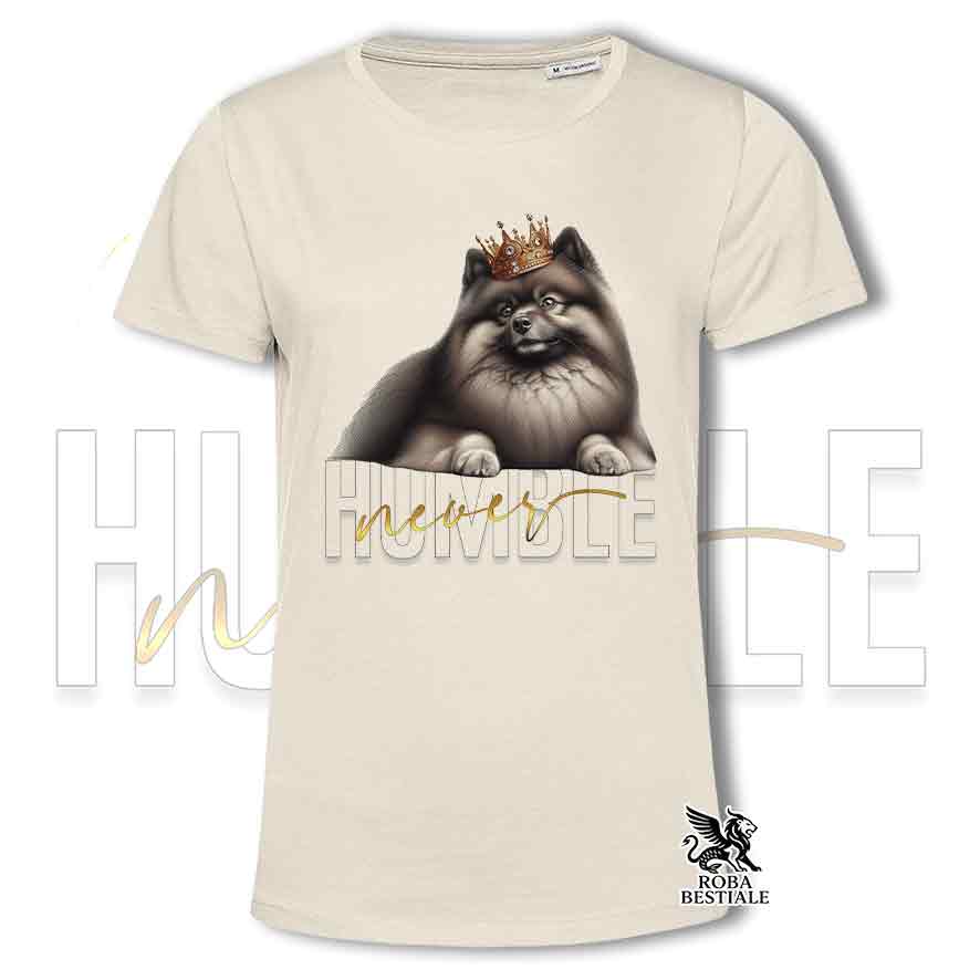 T-shirt beige stampata con uno Spitz Tedesco, grafica Never Humble