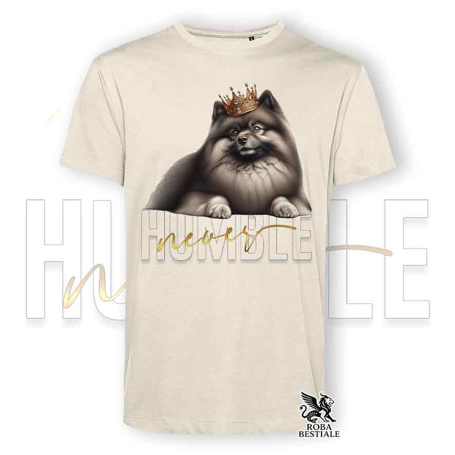 T-shirt beige stampata con uno Spitz Tedesco, grafica Never Humble