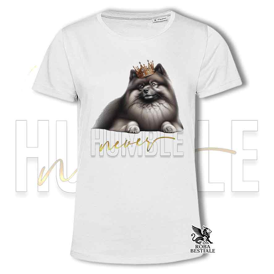 T-shirt bianca stampata con uno Spitz Tedesco, grafica Never Humble