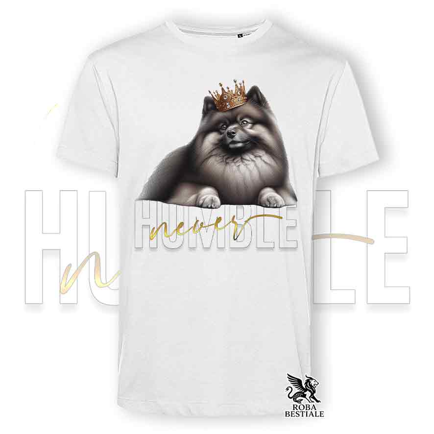 T-shirt bianca stampata con uno Spitz Tedesco, grafica Never Humble