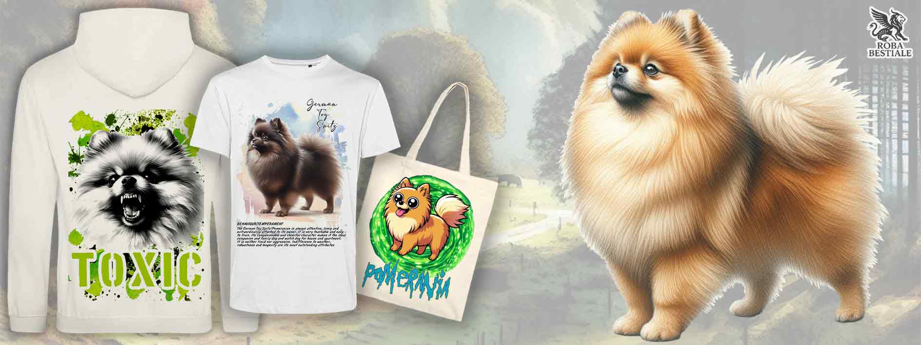 Banner con abbigliamento e accessori dedicati allo Spitz Tedesco Nano "pomerania", grafiche originali di Roba Bestiale