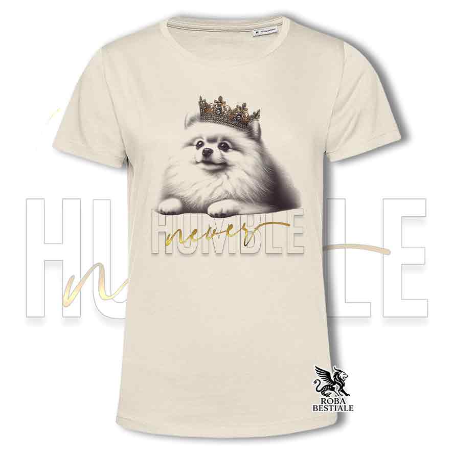 T-shirt beige stampata con uno Spitz Tedesco Pomerania, grafica Never Humble
