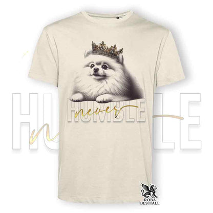 T-shirt beige stampata con uno Spitz Tedesco Pomerania, grafica Never Humble