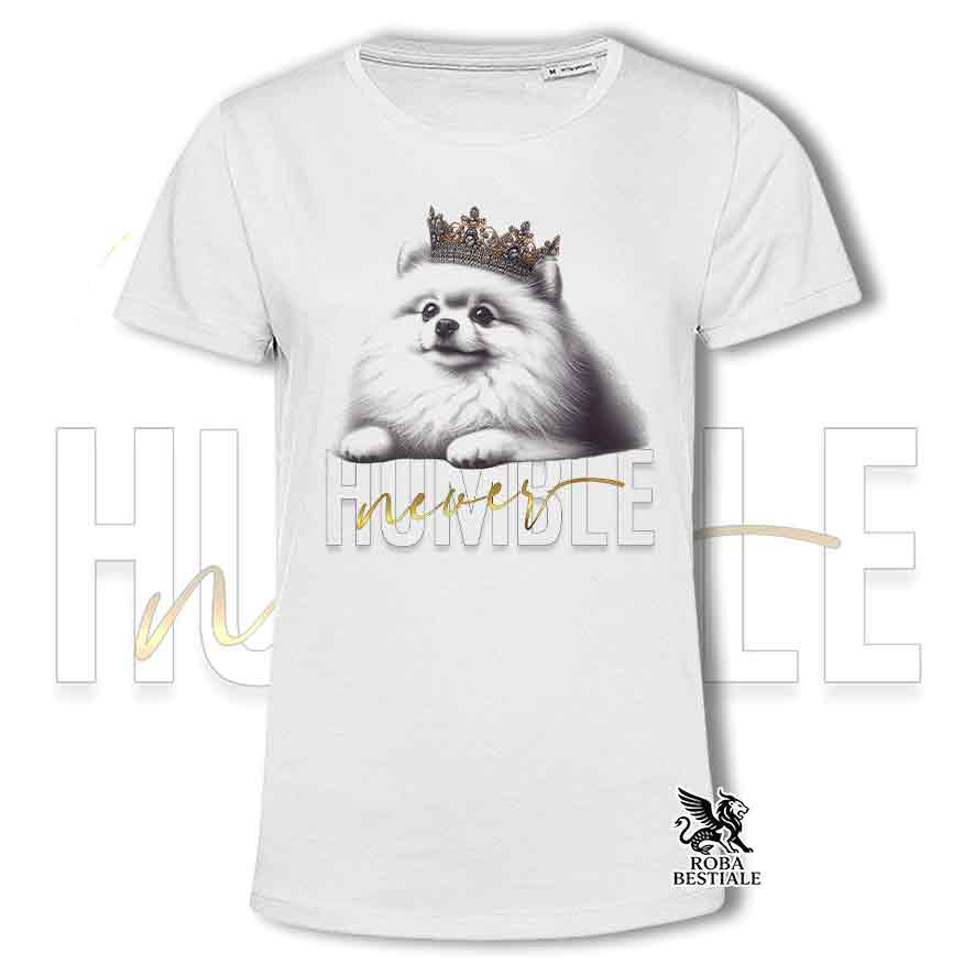 T-shirt bianca stampata con uno Spitz Tedesco Pomerania, grafica Never Humble