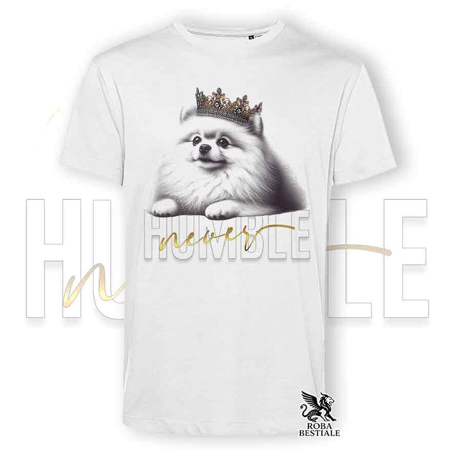 T-shirt bianca stampata con uno Spitz Tedesco Pomerania, grafica Never Humble