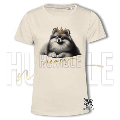 T-shirt beige stampata con uno Spitz Tedesco Pomerania, grafica Never Humble