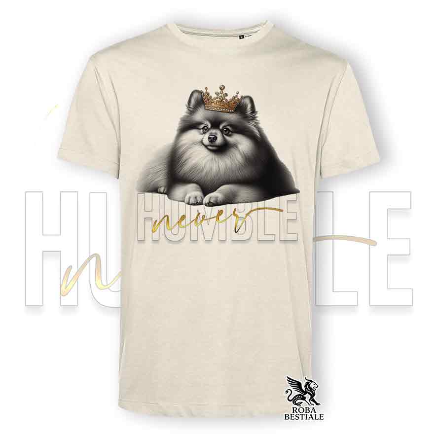 T-shirt beige stampata con uno Spitz Tedesco Pomerania, grafica Never Humble