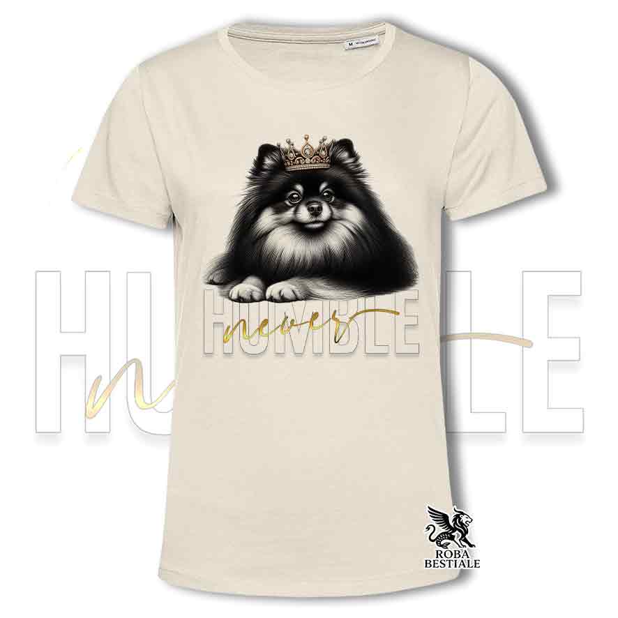 T-shirt beige stampata con uno Spitz Tedesco Pomerania, grafica Never Humble