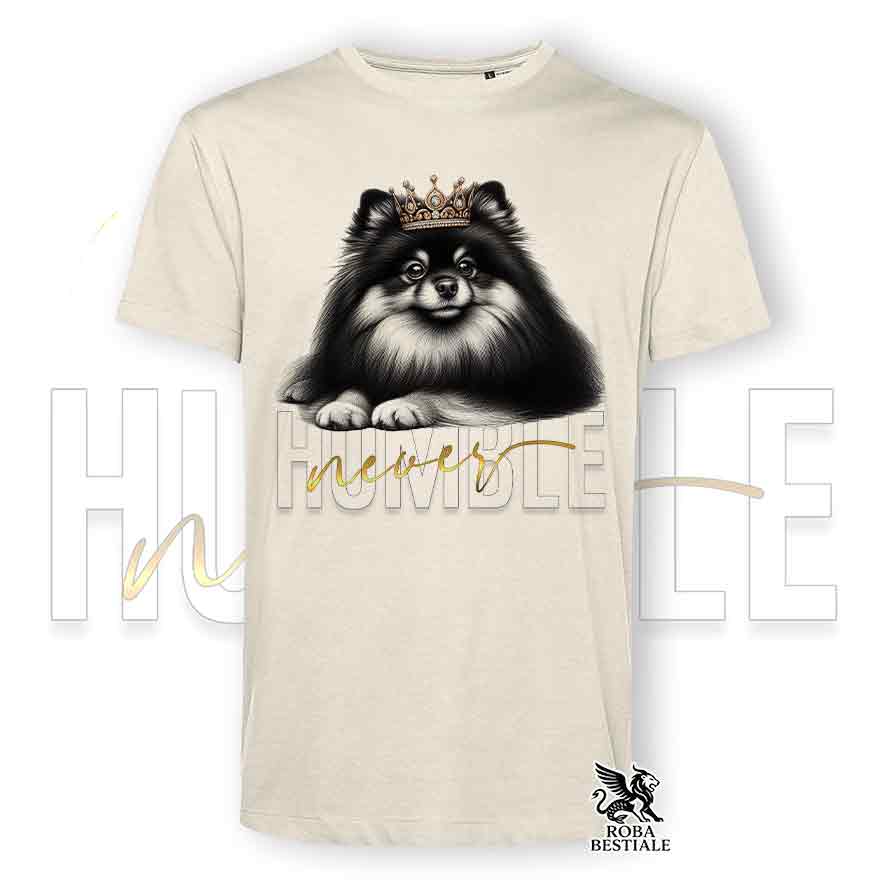 T-shirt beige stampata con uno Spitz Tedesco Pomerania, grafica Never Humble