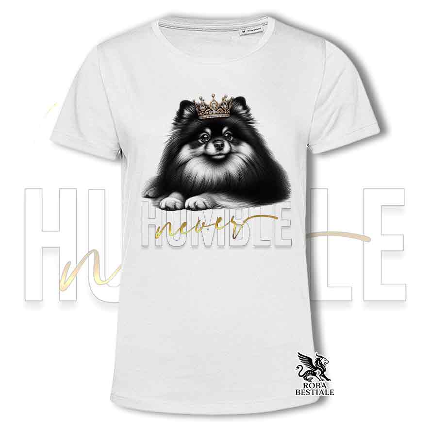 T-shirt bianca stampata con uno Spitz Tedesco Pomerania, grafica Never Humble