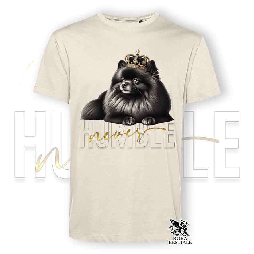 T-shirt beige stampata con uno Spitz Tedesco Pomerania, grafica Never Humble
