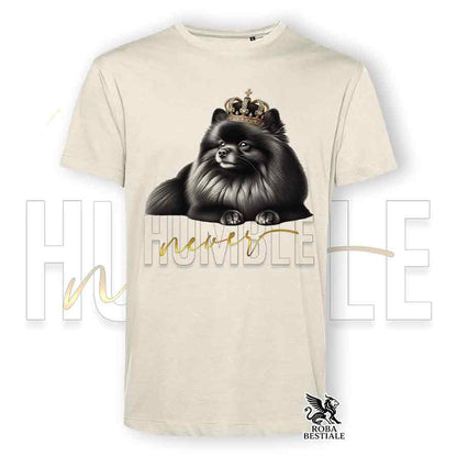 T-shirt beige stampata con uno Spitz Tedesco Pomerania, grafica Never Humble