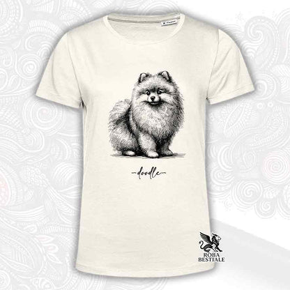 T-shirt beige stampata con uno Spitz Tedesco nano Pomerania, grafica Doodle