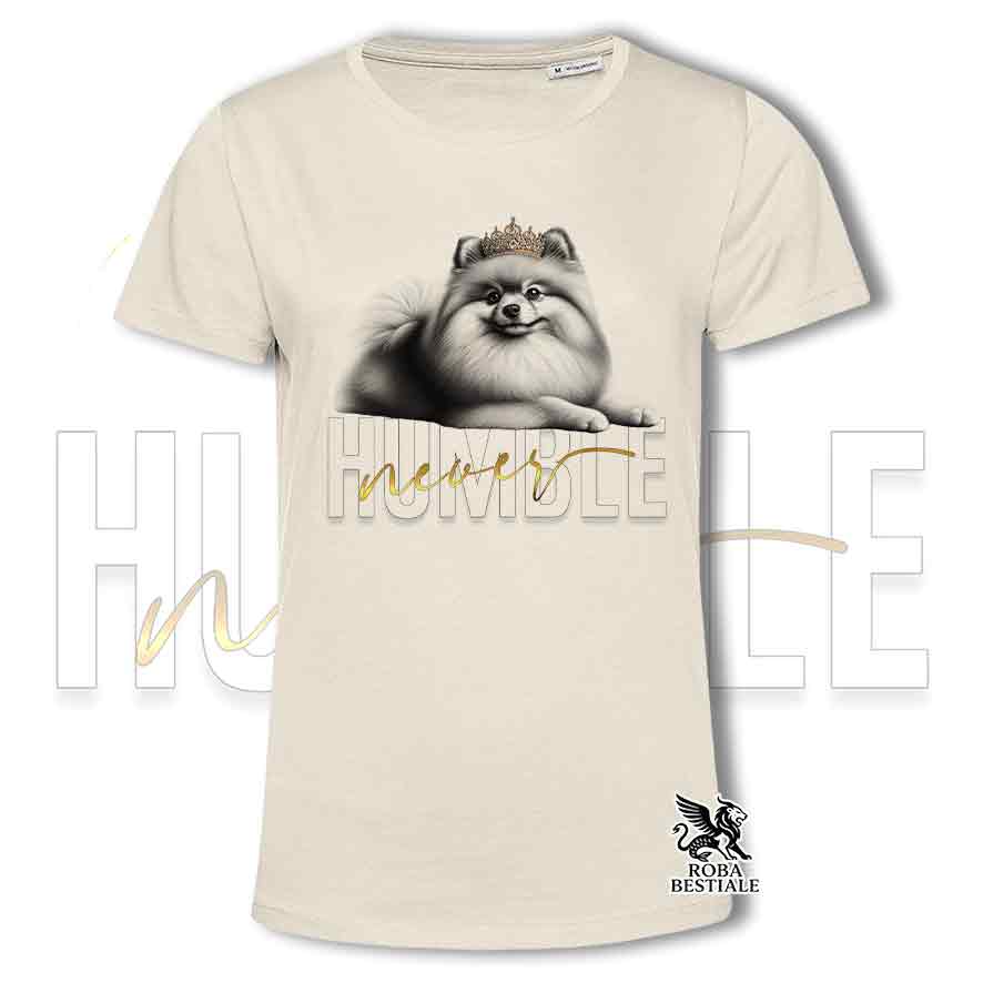 T-shirt beige stampata con uno Spitz Tedesco Pomerania, grafica Never Humble