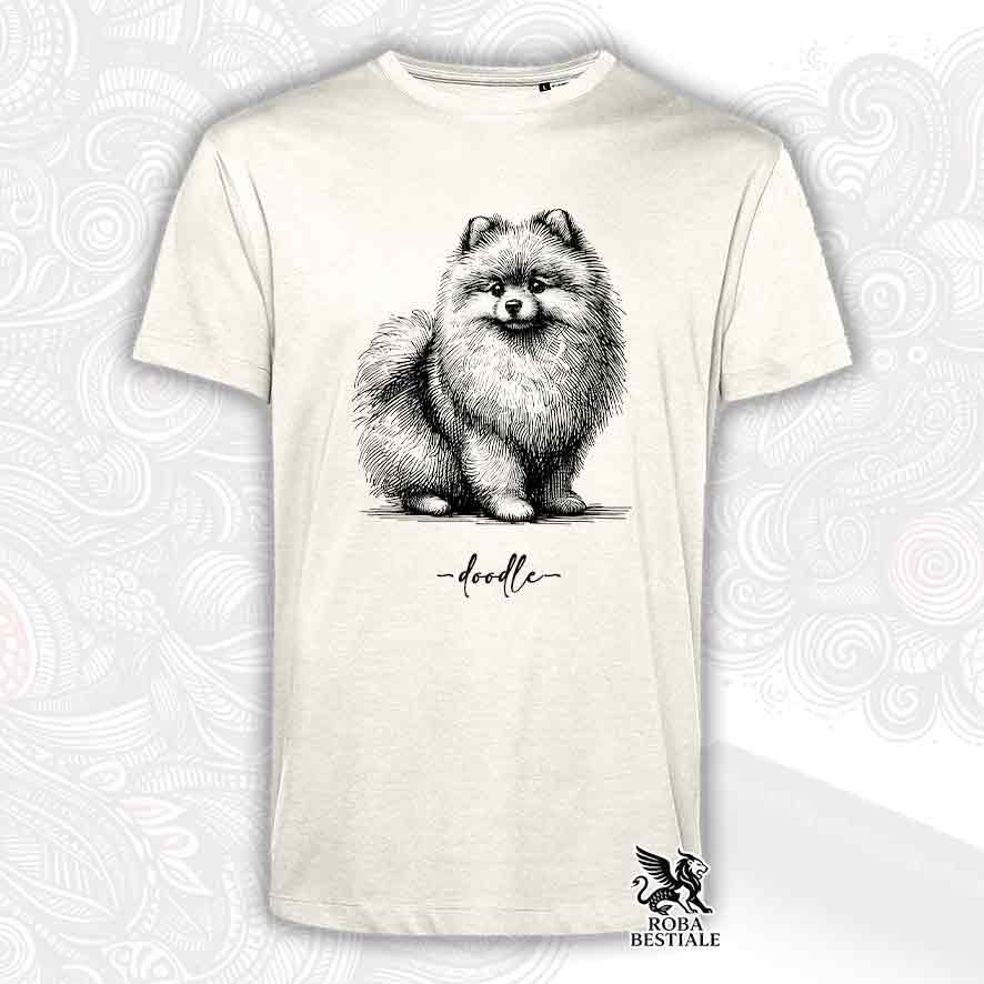 T-shirt beige stampata con uno Spitz Tedesco nano Pomerania, grafica Doodle