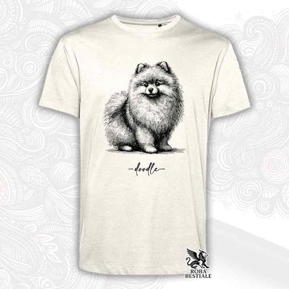 T-shirt beige stampata con uno Spitz Tedesco nano Pomerania, grafica Doodle