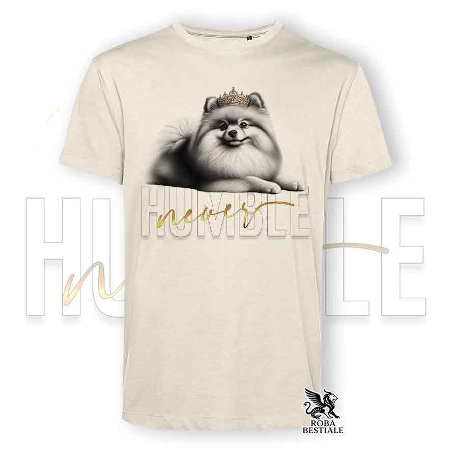 T-shirt beige stampata con uno Spitz Tedesco Pomerania, grafica Never Humble