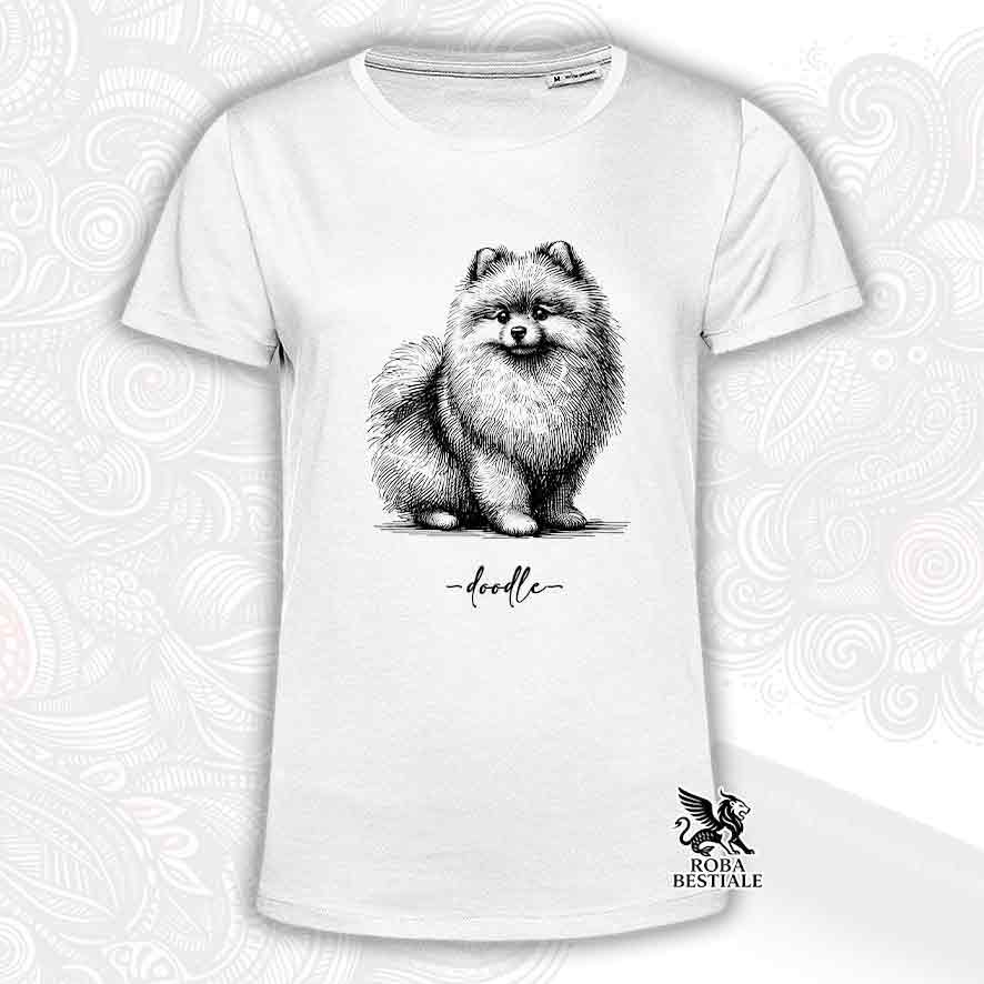 T-shirt bianca stampata con uno Spitz Tedesco nano Pomerania, grafica Doodle