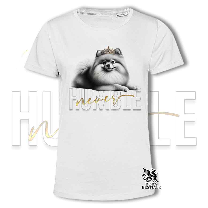 T-shirt bianca stampata con uno Spitz Tedesco Pomerania, grafica Never Humble