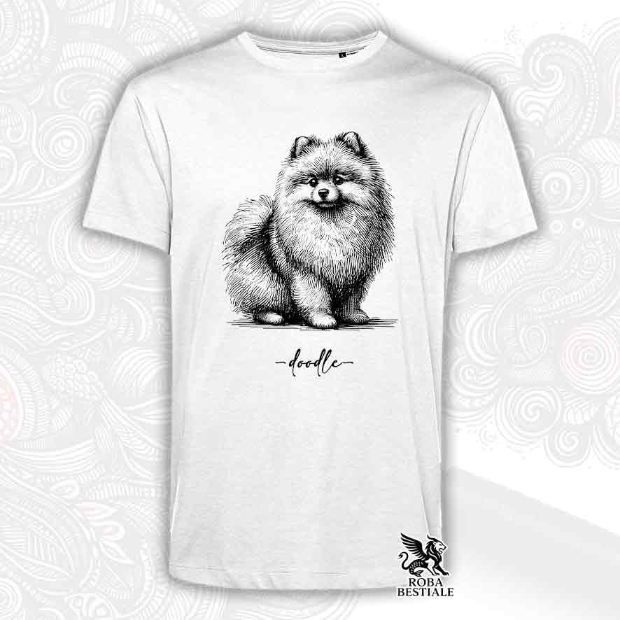 T-shirt bianca stampata con uno Spitz Tedesco nano Pomerania, grafica Doodle