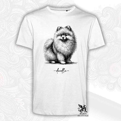 T-shirt bianca stampata con uno Spitz Tedesco nano Pomerania, grafica Doodle
