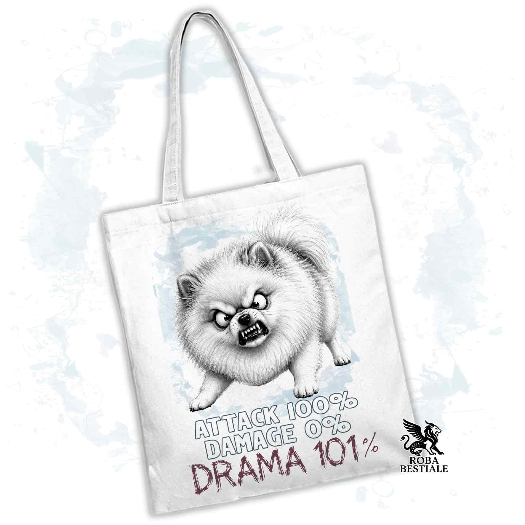 Borsa Tote bianca con stampata un Pomerania, grafica Drama 101 originale di Roba Bestiale 