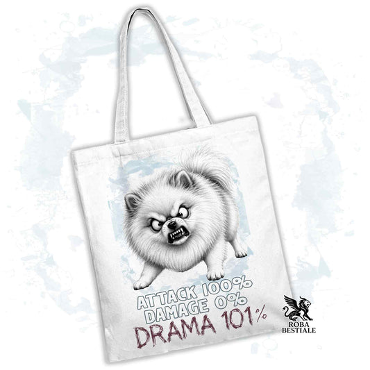 Borsa Tote bianca con stampata un Pomerania, grafica Drama 101 originale di Roba Bestiale 