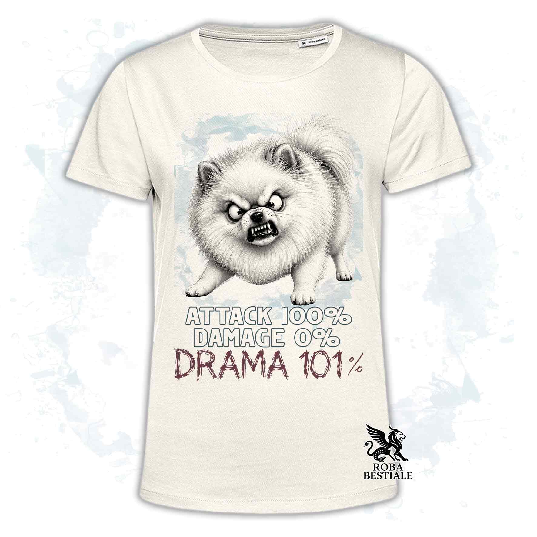 Maglietta beige stampata con un Pomerania, collezione originale Drama 101 di Roba Bestiale 