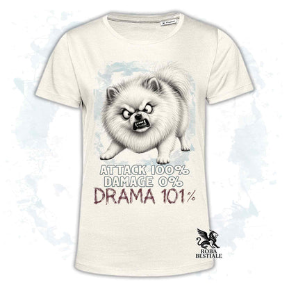 Maglietta beige stampata con un Pomerania, collezione originale Drama 101 di Roba Bestiale 