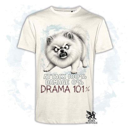 Maglietta beige stampata con un Pomerania, collezione originale Drama 101 di Roba Bestiale 