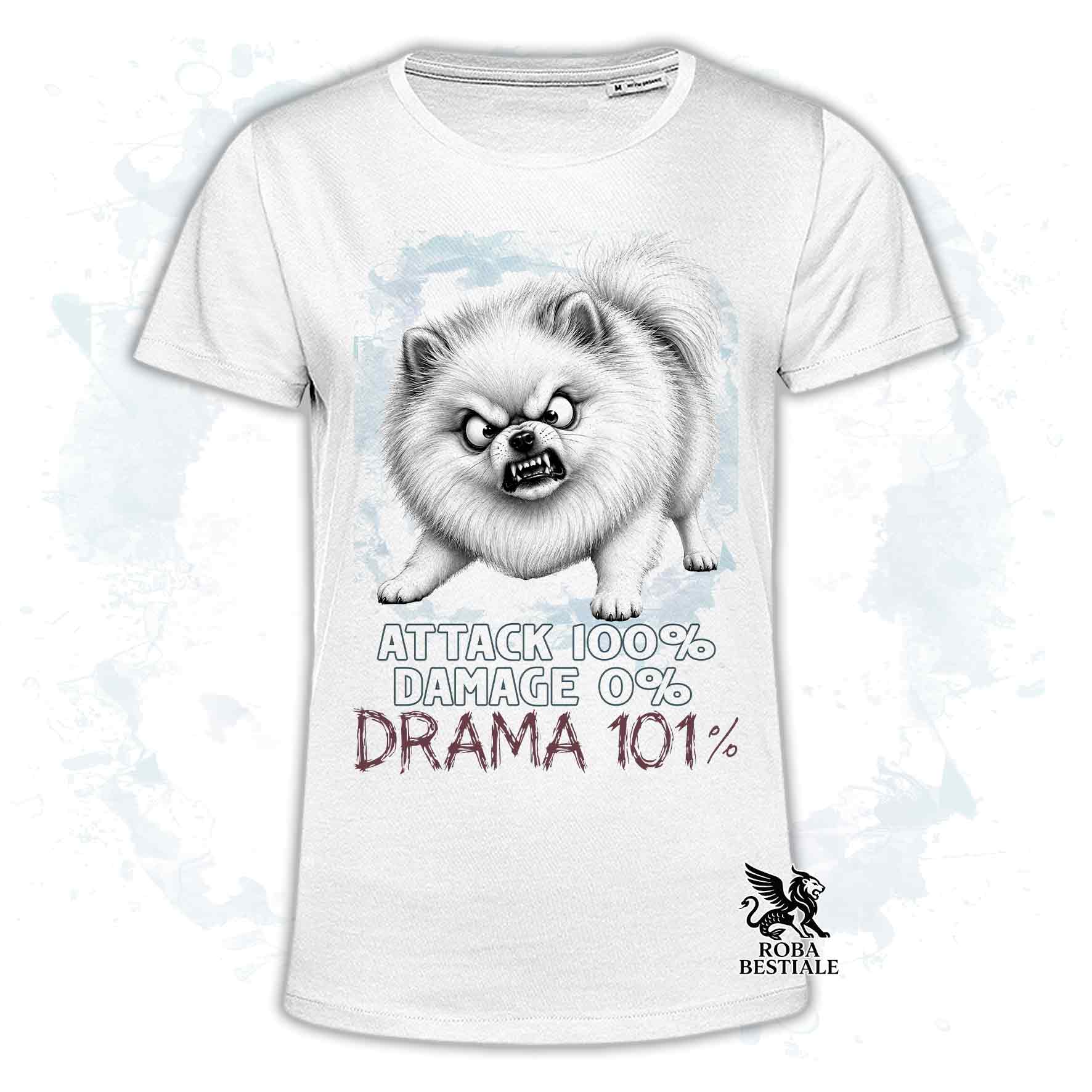 Maglietta bianca stampata con un Pomerania, collezione originale Drama 101 di Roba Bestiale 