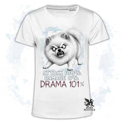Maglietta bianca stampata con un Pomerania, collezione originale Drama 101 di Roba Bestiale 