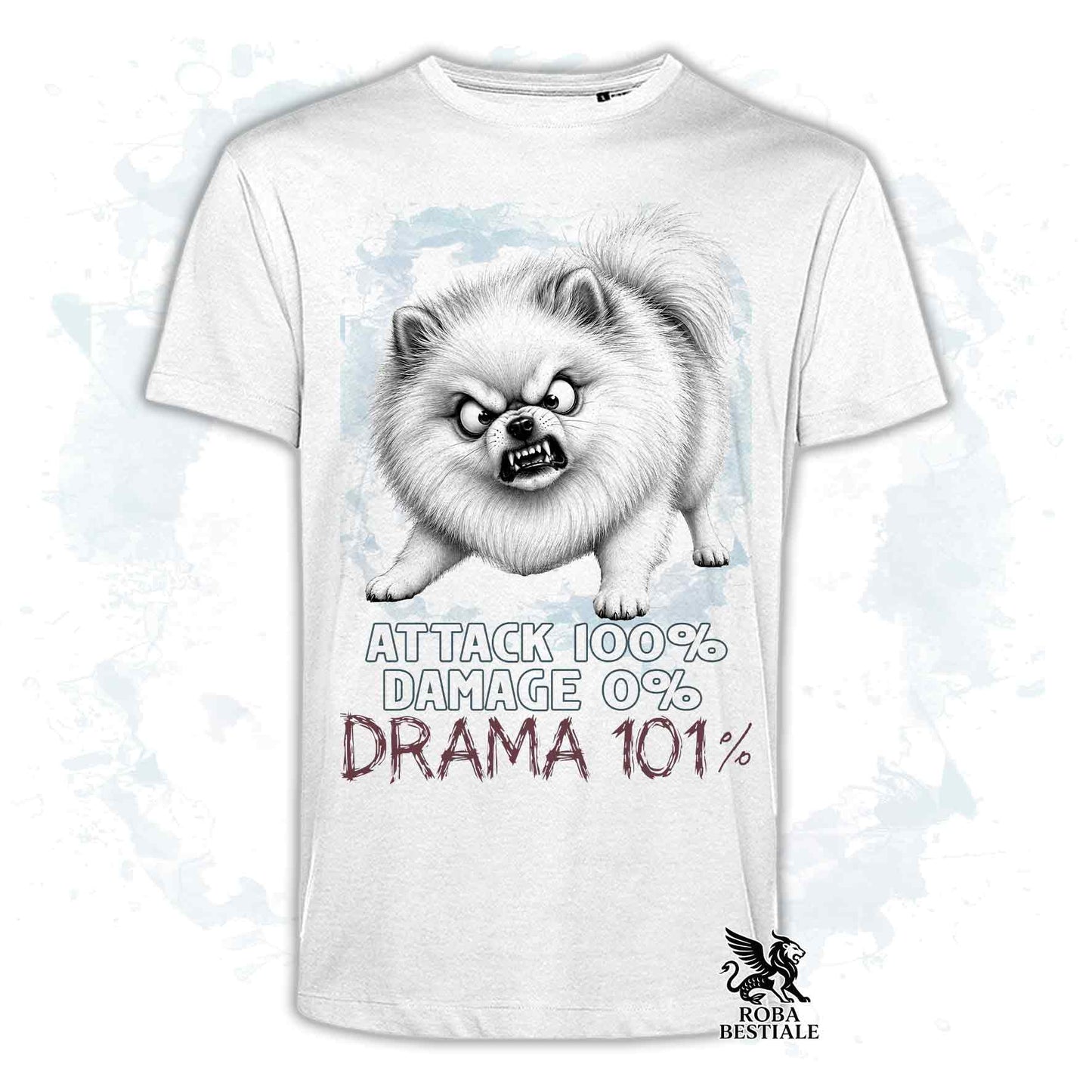 Maglietta bianca stampata con un Pomerania, collezione originale Drama 101 di Roba Bestiale 