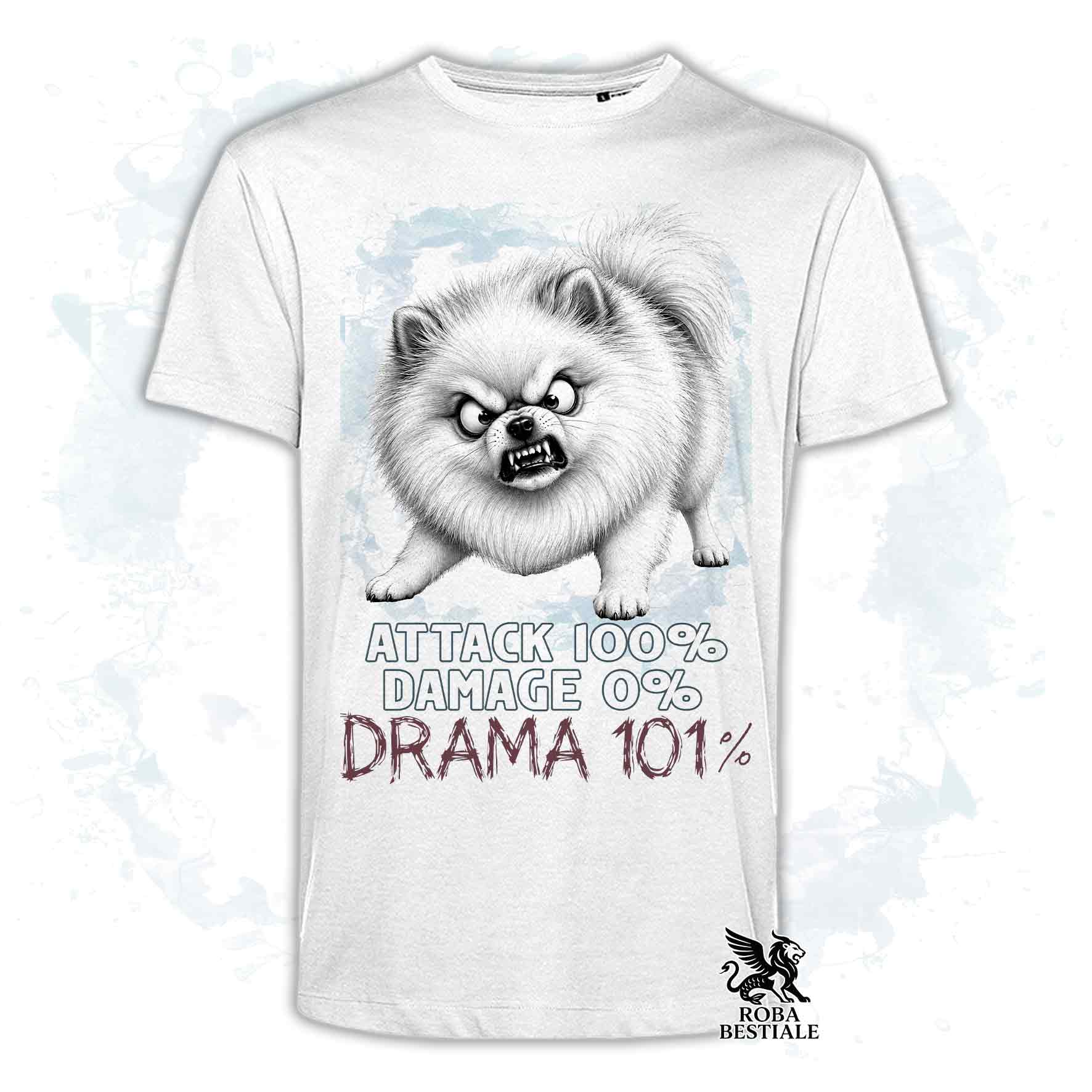 Maglietta bianca stampata con un Pomerania, collezione originale Drama 101 di Roba Bestiale 