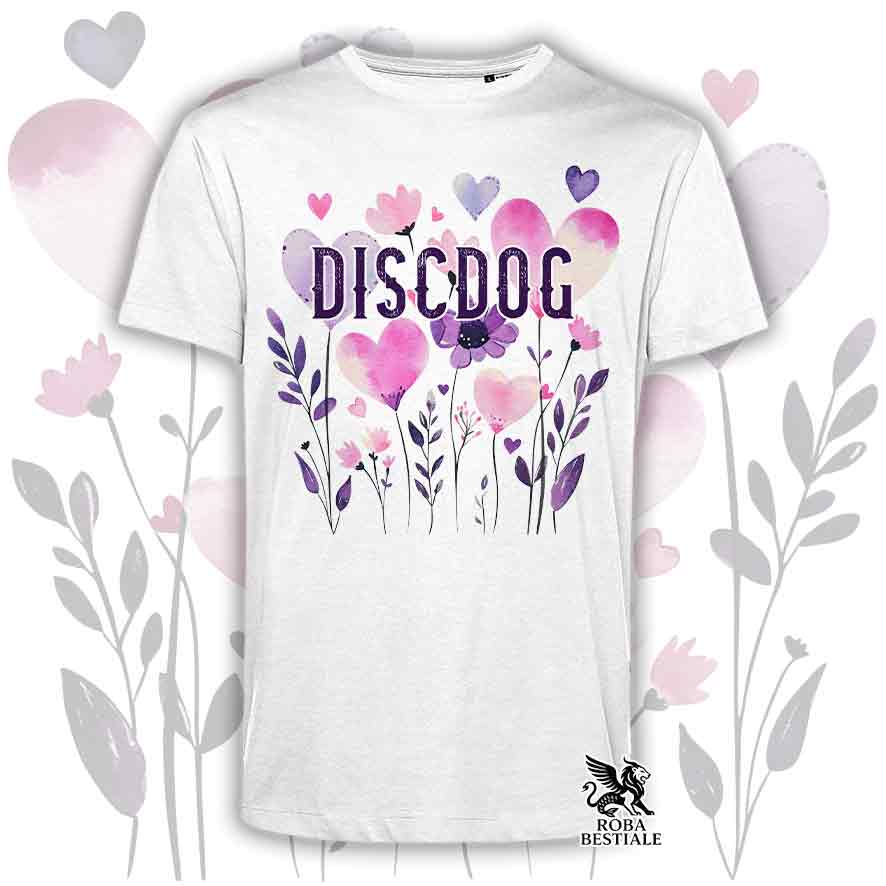 T-shirt bianca stampata con una grafica dedicata al Disc Dog, collezione Candy