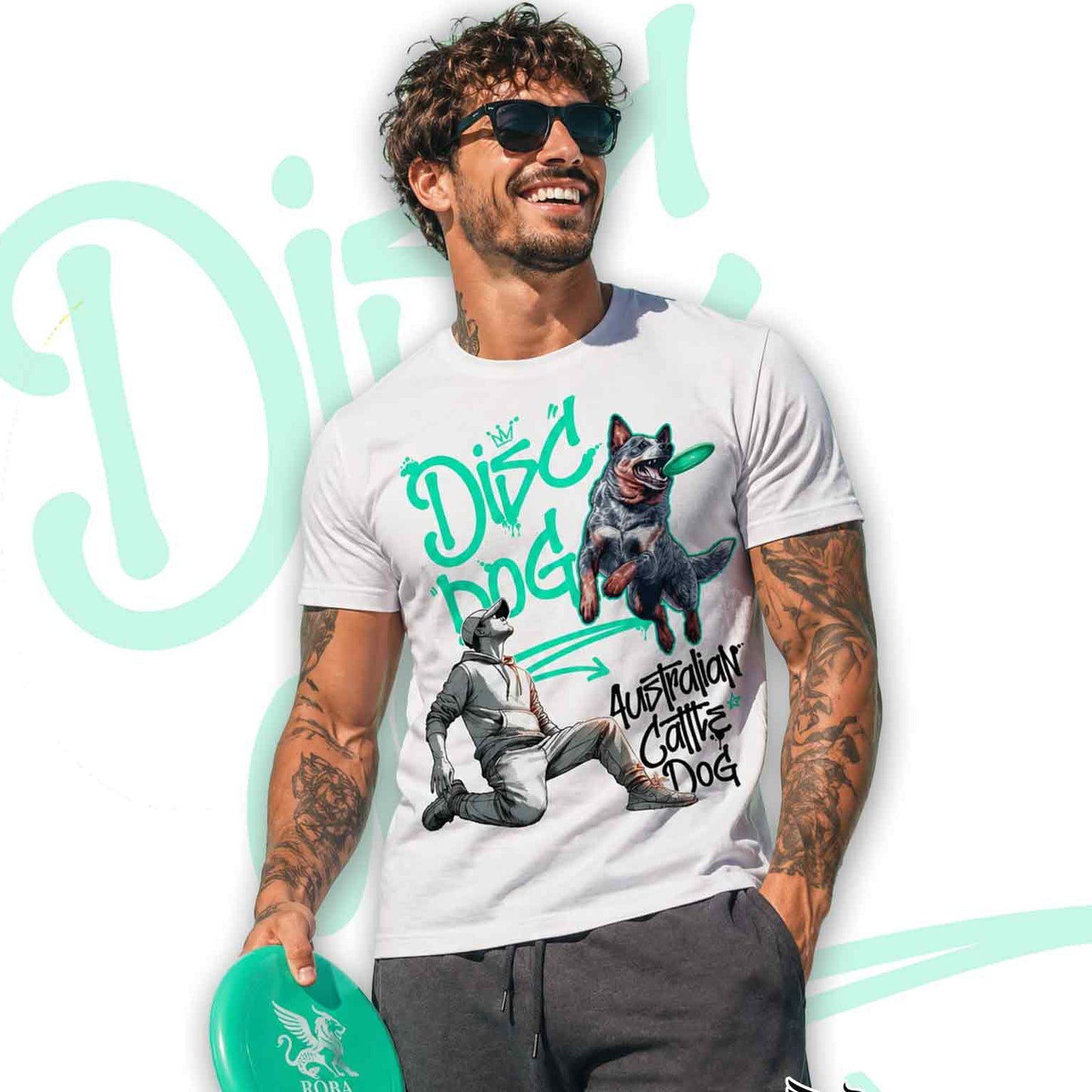 T-Shirt DISC DOG Graffiti "BOY" - AUSTRALIAN CATTLE DOG Blue - Bianca, colore dettagli a scelta - dalla XS alla 5XL