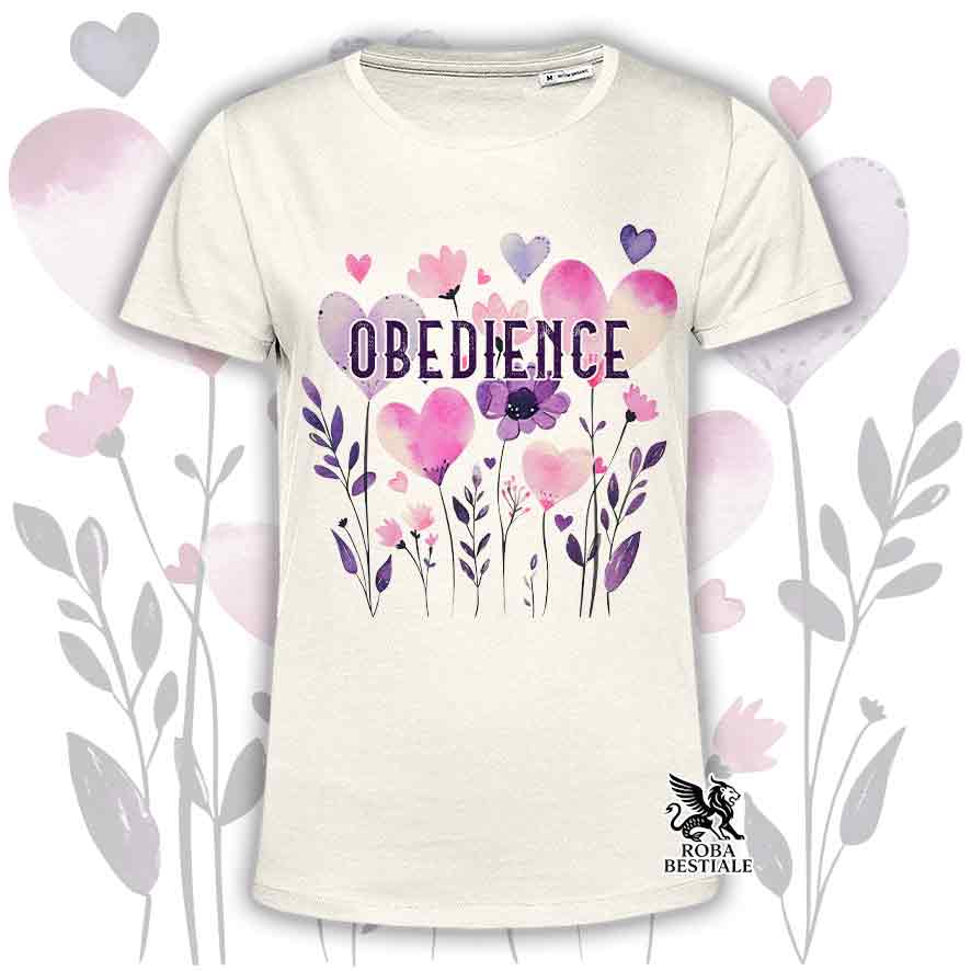 T-shirt beige stampata con una grafica dedicata all'Obedience, collezione Candy