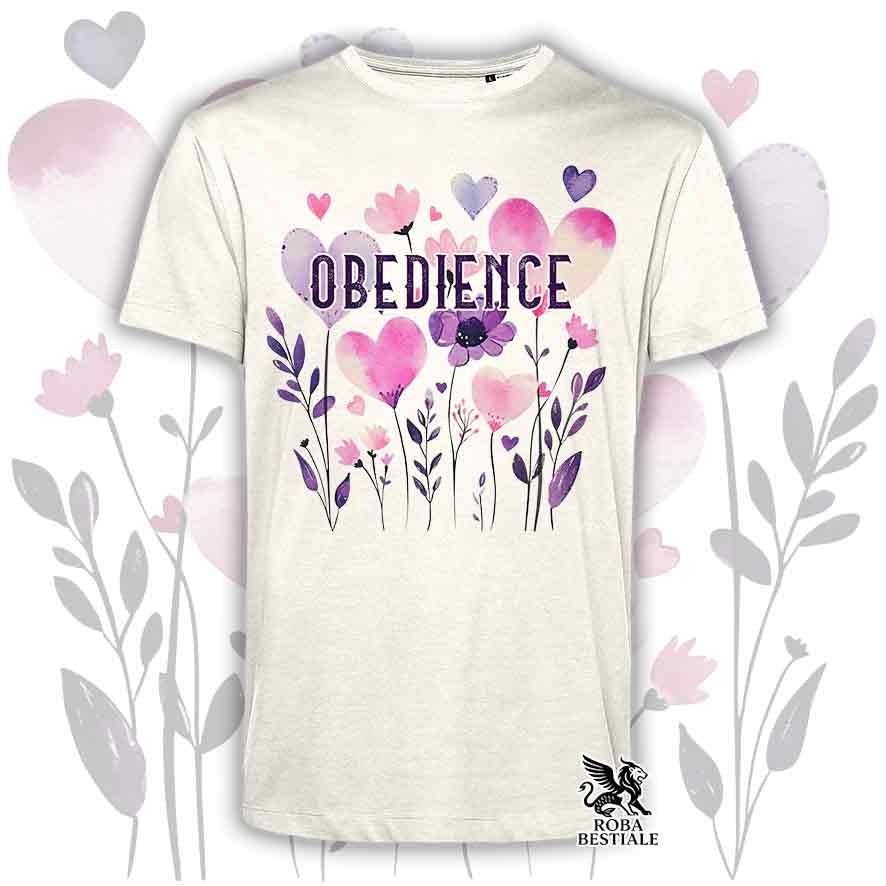 T-shirt beige stampata con una grafica dedicata all'Obedience, collezione Candy