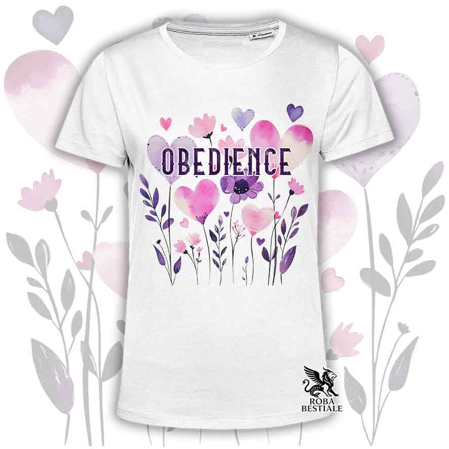 T-shirt bianca stampata con una grafica dedicata all'Obedience, collezione Candy