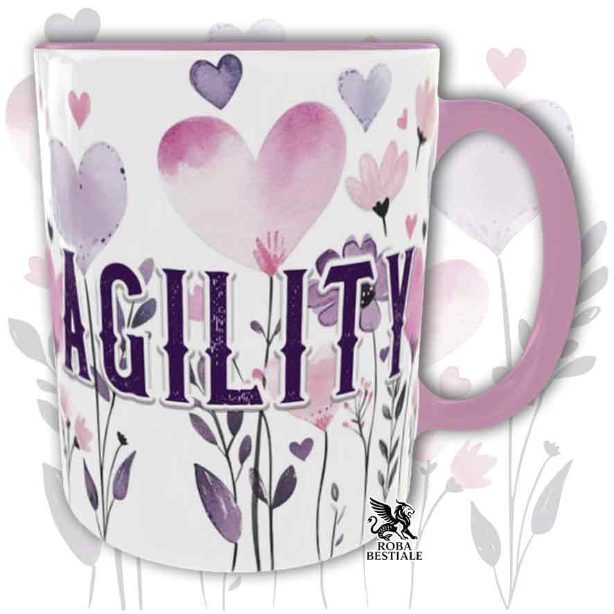 Tazza con dettagli rosa stampata con una grafica dedicata all'Agility, collezione Candy