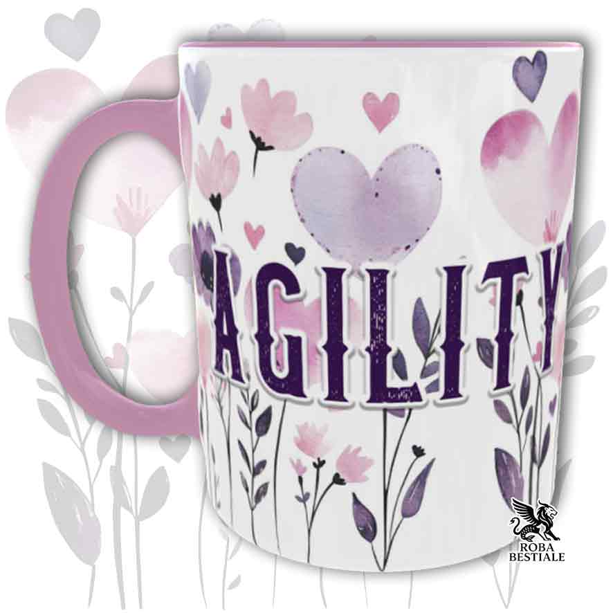 Tazza con dettagli rosa stampata con una grafica dedicata all'Agility, collezione Candy