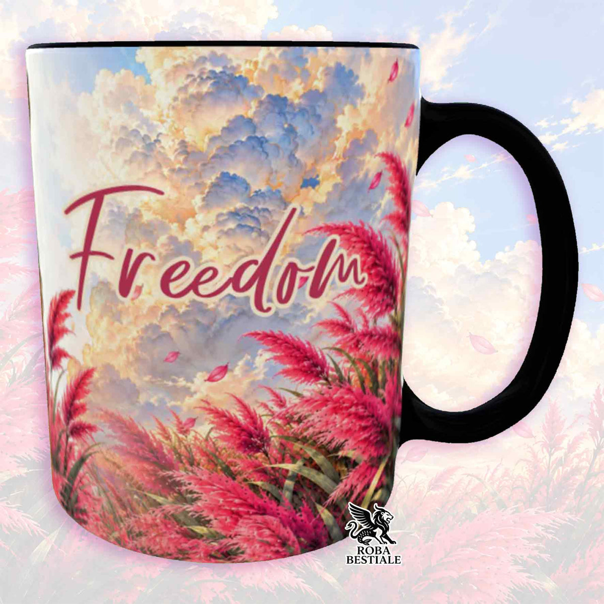 Tazza con manico nero e scritta “Freedom” tra palme e fiori rosa