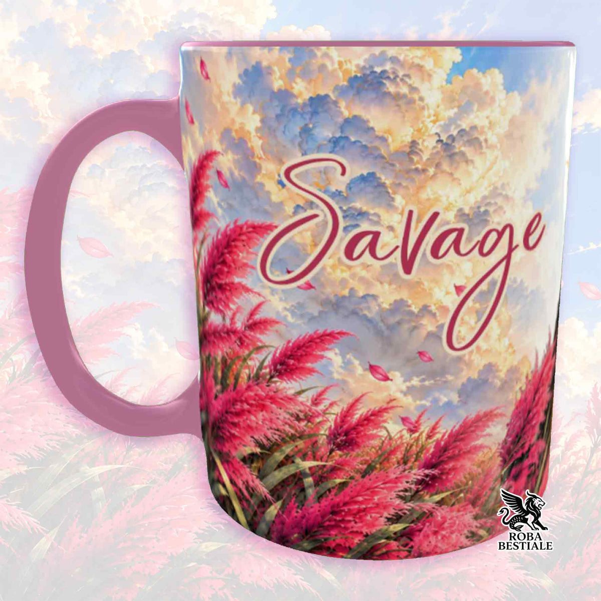 Tazza con scritta Savage, fiori rosa e cielo nuvoloso, manico rosa