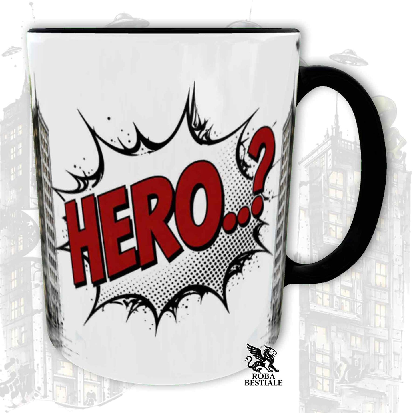 Tazza nera stampata con un Akita Americano con espressione sorpresa, vestito da Super Eroe. Grafica originale Roba Bestiale, collezione Hero