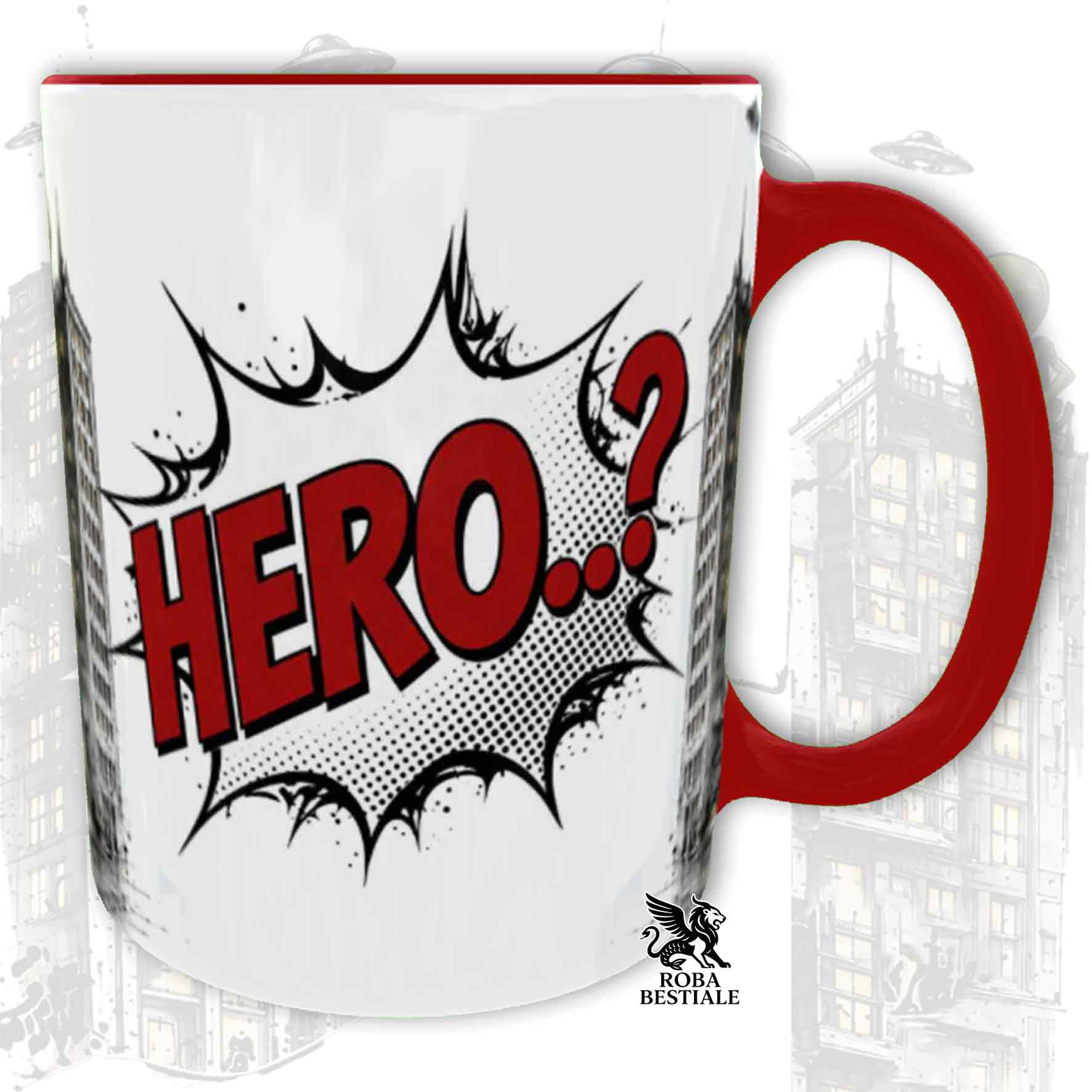 Tazza rossa stampata con un Australian Shepherd con espressione sorpresa, vestito da Super Eroe. Grafica originale Roba Bestiale, collezione Hero