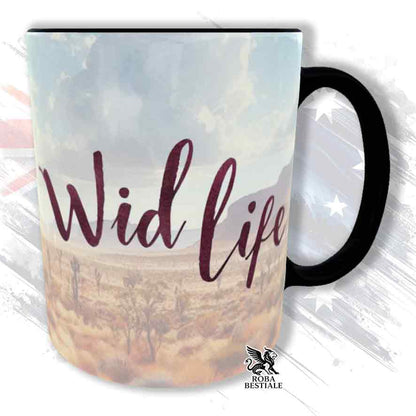 Tazza bianca con dettagli neri, stampata con un Australian Kelpie, grafica Australian Wild Life