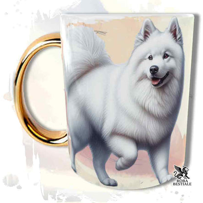 Tazza con Spitz Tedesco Grande Bianco, stampata con grafica Behavior, manico oro, fronte