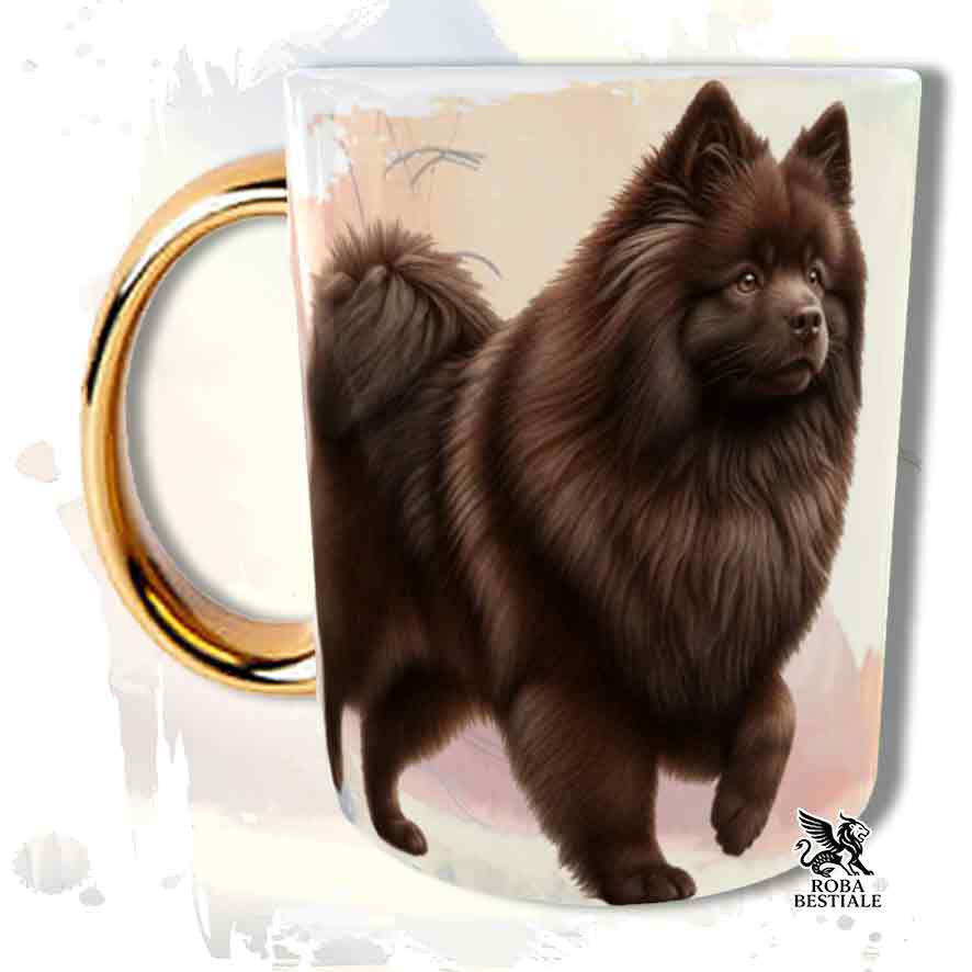 Tazza con Spitz Tedesco Grande marrone, stampata con grafica Behavior, manico oro, fronte