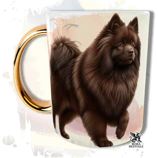Tazza con Spitz Tedesco Grande marrone, stampata con grafica Behavior, manico oro, fronte