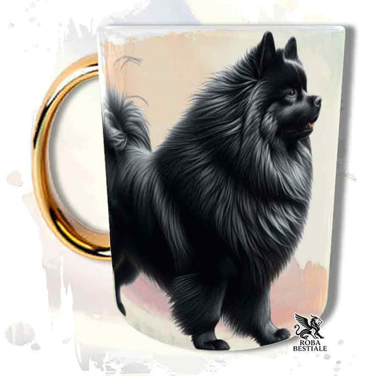 Tazza con Spitz Tedesco Grande Nero, stampata con grafica Behavior, manico oro, fronte